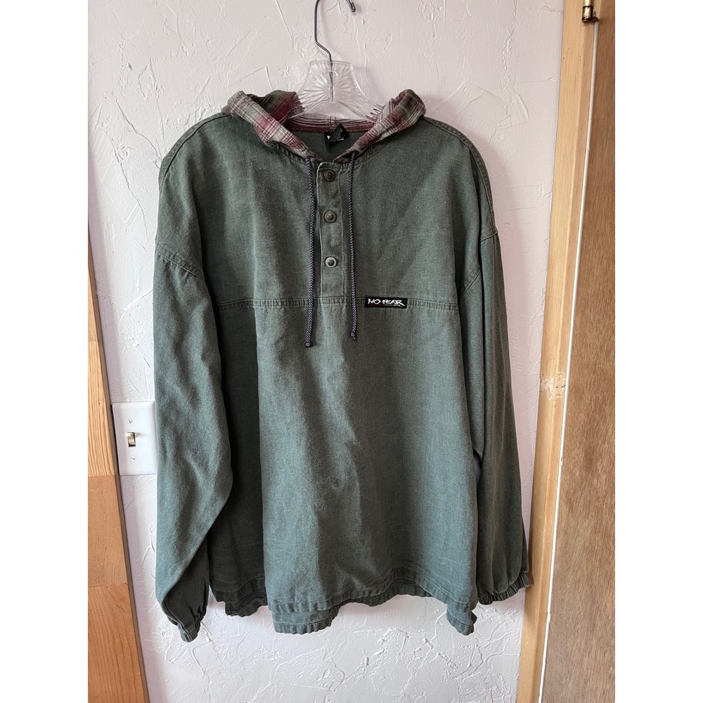 Vintage No Fear Canvas Hoodie Mens Large Olive Green Plaid Lined Made in USA 90s